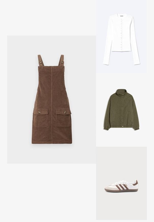 Veste matelassée vert olive avec col montant, fermeture à boutons-pression, deux poches avant, et poignets et ourlet élastiques.; Cardigan blanc ajusté à manches longues avec encolure ronde et fermeture à pression sur le devant, étiqueté "Weekday".; Robe salopette en velours côtelé marron avec bretelles réglables, deux poches avant et une couture centrale. Tissu texturé au toucher doux.; Baskets Adidas Samba blanches avec des bandes en daim marron, semelle en caoutchouc marron et bout en daim beige, vues du côté extérieur sur un fond uni.