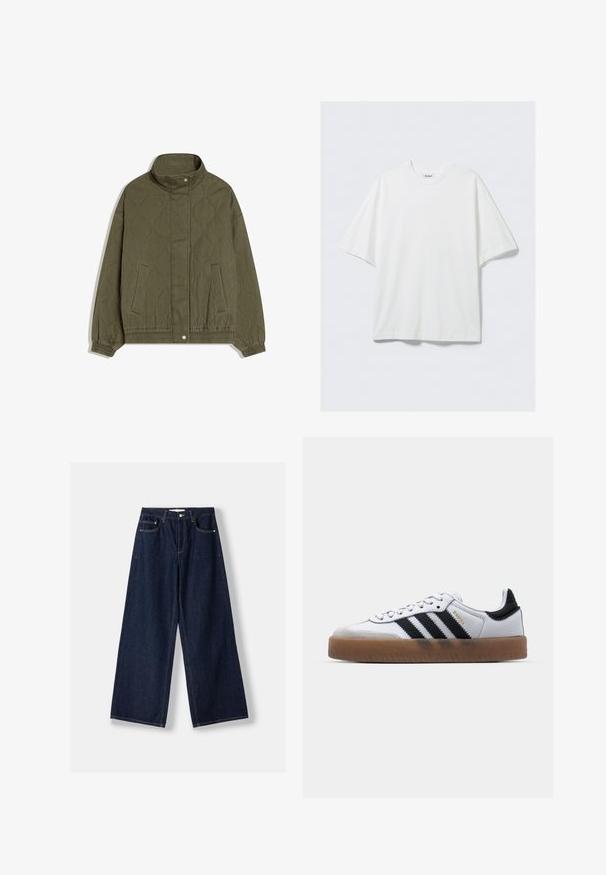 Veste matelassée vert olive avec col montant, fermeture à boutons-pression, deux poches avant, et poignets et ourlet élastiques.; T-shirt blanc surdimensionné en coton à manches courtes avec col rond et une petite étiquette de marque à l'intérieur du col.; Jean en denim bleu foncé à jambes larges avec fermeture avant par bouton et zip, poches avant et passants pour ceinture, posé à plat sur un fond blanc.; Baskets en cuir blanc avec des rayures noires, semelle extérieure en caoutchouc beige, bout rond, fermeture lacée et embout en suède gris doux.