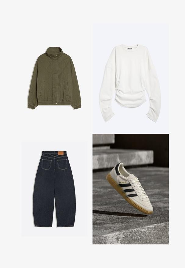 Veste matelassée vert olive avec col montant, fermeture à boutons-pression, deux poches avant, et poignets et ourlet élastiques.; T-shirt blanc à manches longues avec col rond, détails froncés à la taille et coupe décontractée, étiquette « WEEKDAY » à l'intérieur du col.; Jean en denim bleu foncé à jambes larges vu de dos avec deux poches plaquées et une étiquette de marque en cuir marron sur la ceinture.; Baskets Adidas Spezial blanches avec des rayures noires et une semelle en gomme flottant au-dessus de marches en pierre grises à l'extérieur.
