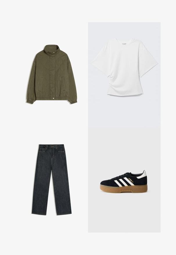 Veste matelassée vert olive avec col montant, fermeture à boutons-pression, deux poches avant, et poignets et ourlet élastiques.; T-shirt blanc oversize à manches courtes avec col rond présenté sur un fond gris clair.; Jean droit en denim bleu foncé avec cinq poches et coutures visibles, posé à plat sur fond blanc.; Baskets en daim noir avec trois bandes blanches et logo doré. Semelle en gomme avec adhérence texturée. Design classique à tige basse, bout arrondi.