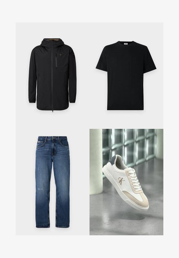 Musta vedenpitävä takki hupulla, etuvetoketjulla, rintataskulla ja joustavilla hihansuilla. Silkinpehmeä rakenne, minimalistinen muotoilu ja ei näkyviä kuvioita.; Lyhythihaisessa mustassa crew neck -t-paidassa, joka on aseteltu tasaiseksi valkoista taustaa vasten, on pieni brändilogo kauluksessa.; Siniset farkut suoran lahkeen muotoilulla. Edessä kuluneita kohtia ja kevyttä kulumista, klassinen napitus.; Valkoinen lenkkari, jossa on beigeä mokkanahkaa, musta kantapäälaatta, kengännauhat ja sivussa "cK"-logo, leijumassa harmaan kiiltävän lattian yllä.