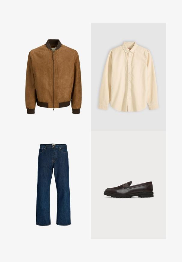 Blouson aviateur en daim marron avec col, poignets et ourlet côtelés foncés, doté d'une fermeture éclair centrale avec tirette.; Chemise beige à manches longues avec col et boutons, présentée à plat avec les boutons fermés et les poignets boutonnés sur un fond clair.; Jeans en denim bleu foncé à jambes droites, avec bouton à l'avant, fermeture éclair et design à cinq poches.; Mocassin penny en cuir et daim marron foncé avec semelle épaisse en caoutchouc noir, profil latéral sur fond blanc.