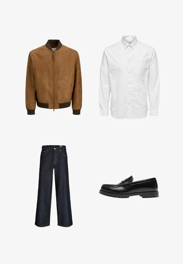 Blouson aviateur en daim marron avec col, poignets et ourlet côtelés foncés, doté d'une fermeture éclair centrale avec tirette.; Chemise blanche à manches longues avec boutons, col et poche poitrine, étiquetée « Selected Homme » à l'intérieur du col.; Jean en denim bleu foncé à jambes larges avec bouton à l'avant, poches et coutures orange visibles sur fond blanc.; Mocassin en cuir noir avec une semelle en caoutchouc épaisse et un détail classique de bride à monnaie, vu de côté extérieur.