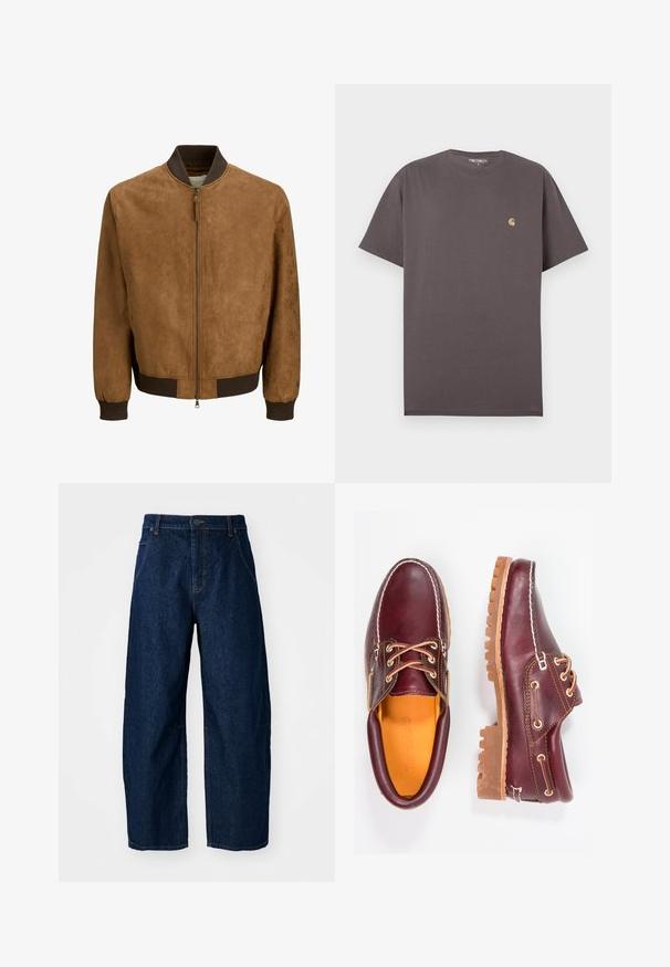 Blouson aviateur en daim marron avec col, poignets et ourlet côtelés foncés, doté d'une fermeture éclair centrale avec tirette.; T-shirt à manches courtes marron foncé uni, col rond, avec petit logo Carhartt beige sur le côté gauche de la poitrine, taille grande.; Jean en denim foncé à jambes larges et taille haute, avec cinq poches, fermeture à l'avant par bouton et détails de couture visibles.; Chaussures en cuir bourgogne avec semelles en caoutchouc marron, bout rond, couture blanche et œillets dorés. L'intérieur présente une doublure jaune.