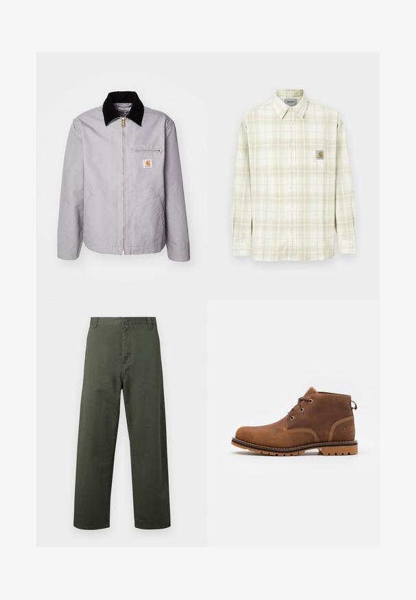 Lichtgrijze jas gemaakt van duurzaam materiaal, met een zwarte corduroy kraag, ritssluiting, voorzak en logo-opdruk op de borst.; Lichtgekleurde geruite blouse met lange mouwen, knoopsluiting aan de voorkant en een borstzak met een logo-patch. Katoenen materiaal met een zachte textuur.; Groene katoenen broek met een recht gesneden ontwerp, knoopsluiting aan de voorkant en zijzakken. Soepele textuur, eenvoudige stijl en geen zichtbare patronen.; Timberland LARCHMONT II WP CHUKKA - Veterboots - rust