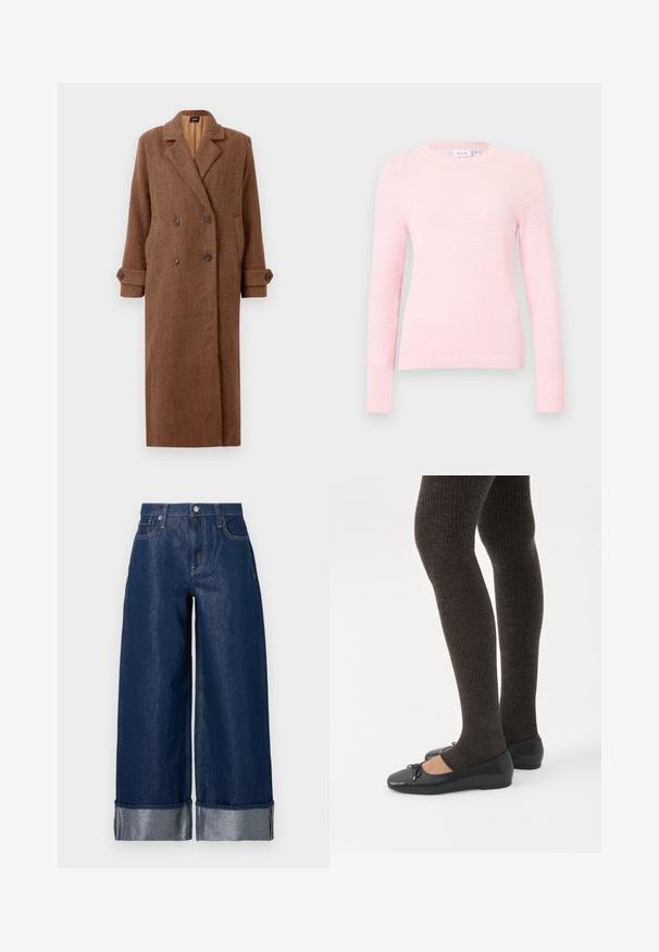 Lang brun dobbeltbrystet uldfrakke med skrå hørmønster, slagkraver, knaplukning ved ærmerne og sidelommer.; Lyserød strikket sweater med lange ærmer, rund halsudskæring, ribbet kant og tekstureret overflademønster. Glat stof og afslappet pasform.; Vidbenede mørkeblå denimjeans med høj talje, fem-lomme design og opsmøgede kanter, der viser et lysere indre stof.; Ben iført mørke ribbede leggings kombineret med sorte balletsko med små sløjfedetaljer på hvid baggrund.