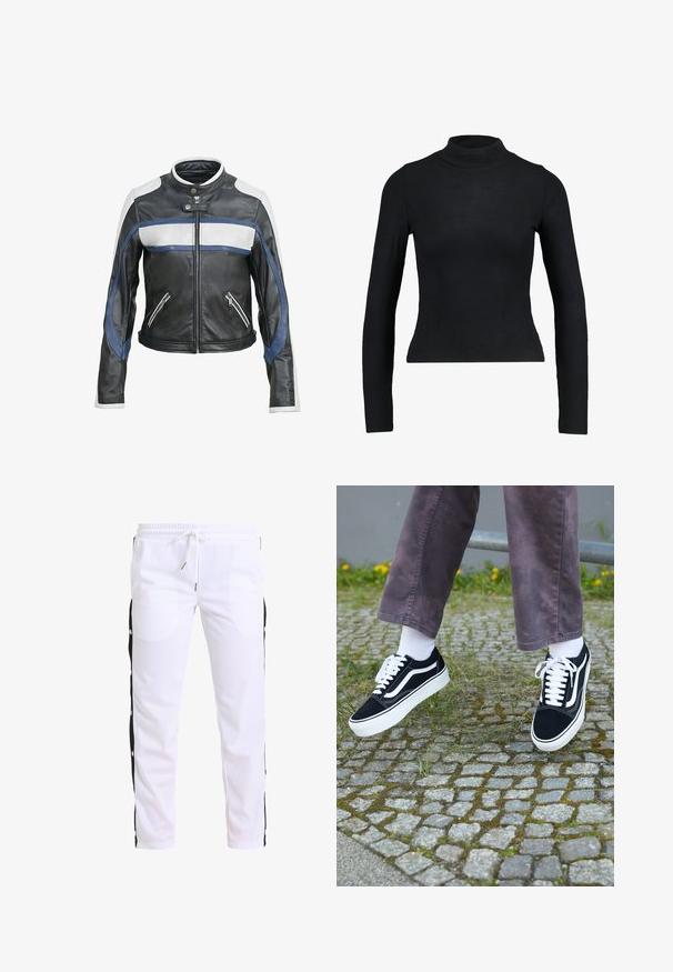 Zwarte leren motorjack met witte en blauwe accenten, heeft een hoge kraag, een ritssluiting aan de voorkant en twee ritszakken.; Zwart langemouwen turtleneck top gemaakt van ribbelstof, met een aansluitend ontwerp en slanke silhouette. Geen patronen of accenten.; Witte sportbroeken met een relaxte pasvorm, zwarte zijpanelen en drukknoopsluitingen. Voorzien van een elastische tailleband met een trekkoord.; Zwarte suède sneakers met witte accenten, met een ronde neus, dikke witte zool en klassieke vetersluiting, gedragen met witte sokken en paarse broek.