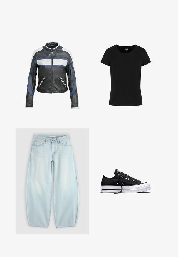 Veste de moto en cuir noir avec des accents blancs et bleus, dotée d'un col montant, d'une fermeture éclair à l'avant et de deux poches zippées.; T-shirt noir à manches courtes en coton, avec un col rond et un design simple sans ornements.; Jean bleu clair taille large avec fermeture bouton et fermeture éclair, poches avant et passants de ceinture sur un fond uni.; Baskets basses en toile noire avec semelle plateforme en caoutchouc blanche, lacets noirs et œillets métalliques sur fond blanc.