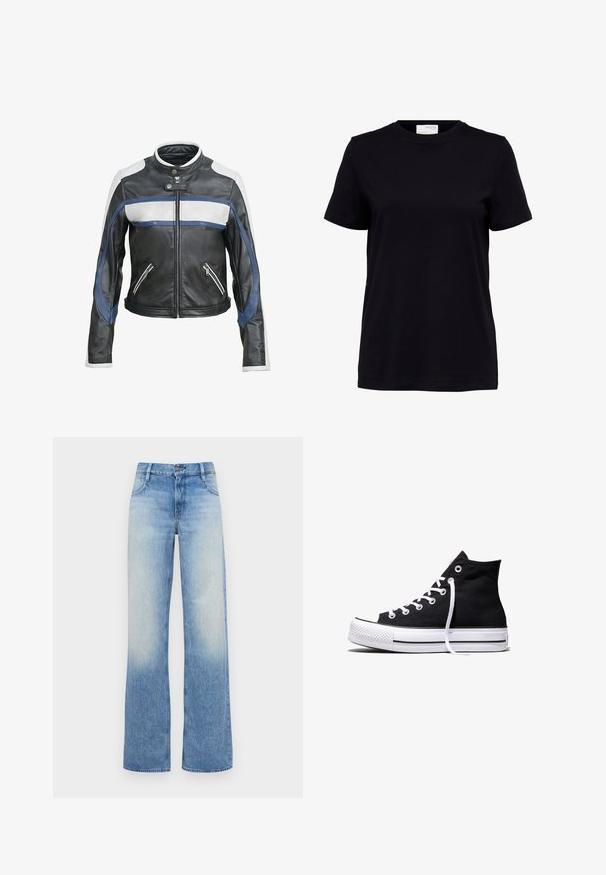 Veste de moto en cuir noir avec des accents blancs et bleus, dotée d'un col montant, d'une fermeture éclair à l'avant et de deux poches zippées.; T-shirt noir à manches courtes avec col rond, ourlet droit et une étiquette blanche à l’arrière à l’intérieur du col.; Jean large à taille haute bleu clair avec une texture délavée. Comprend cinq poches et une fermeture à bouton à la taille.; Baskets montantes en toile noire avec semelle en caoutchouc blanche et lacets blancs, vues de côté sur un fond blanc.