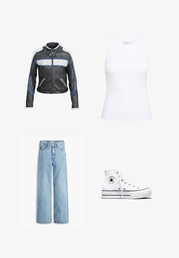 Zwarte leren motorjack met witte en blauwe accenten, heeft een hoge kraag, een ritssluiting aan de voorkant en twee ritszakken.; Witte geribde tanktop met een ronde halslijn en zonder mouwen. Rekbaar materiaal en een aansluitend ontwerp. Het label op de achterkant zegt "GESTUZ."; Lichtblauwe, hoge taille, wijde jeans met een voorste knoop en ritssluiting, riemlussen en vijf zakken.; Witte hoge Converse Chuck Taylor All Star sneaker met zwart logopatch en witte veters, weergegeven op een witte achtergrond.