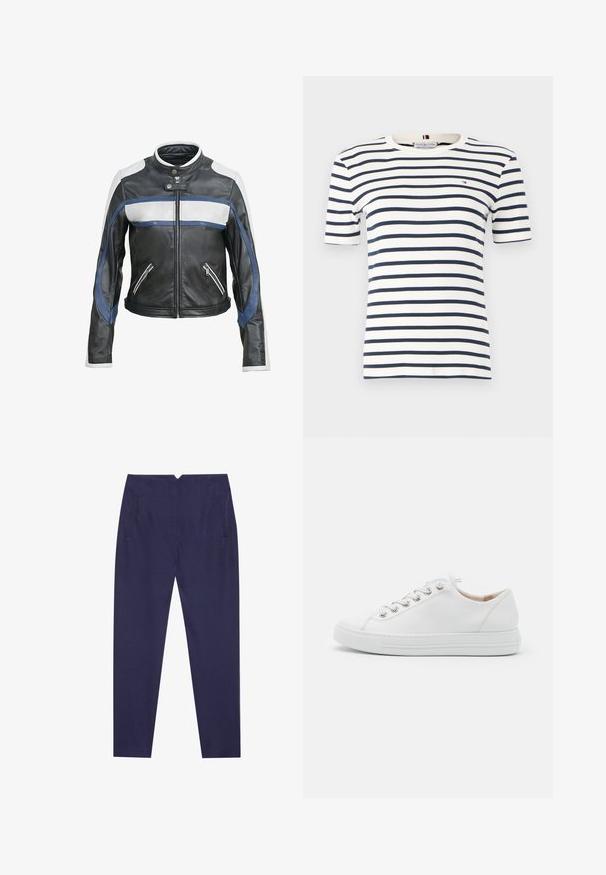 Zwarte leren motorjack met witte en blauwe accenten, heeft een hoge kraag, een ritssluiting aan de voorkant en twee ritszakken.; Witte katoenen T-shirt met marineblauwe horizontale strepen, korte mouwen en een ronde halslijn. Bevat een klein logo op de linkerborst.; Anna Field Broek - navy; Witte leren sneaker met ronde neus, metalen oogjes en platte veters. Voorzien van een getextureerde zool en subtiele stikdetails langs de rand.