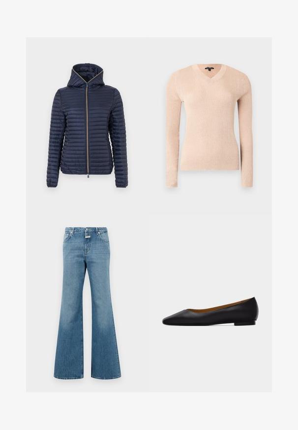 Veste matelassée bleu marine avec capuche, fermeture éclair complète à l'avant et manches longues, présentée sur un fond blanc.; Pull côtelé à manches longues de couleur rose pâle avec un col en V. Fabriqué en matériau doux, présentant une coupe ajustée et une surface texturée.; Jean en denim bleu clair évasé avec une taille mi-haute, présentant des poches frontales, une fermeture à un bouton et des détails d'usure subtils.; Chaussure plate en cuir noir à bout pointu avec talon bas et finition lisse, vue de côté sur un fond gris clair.