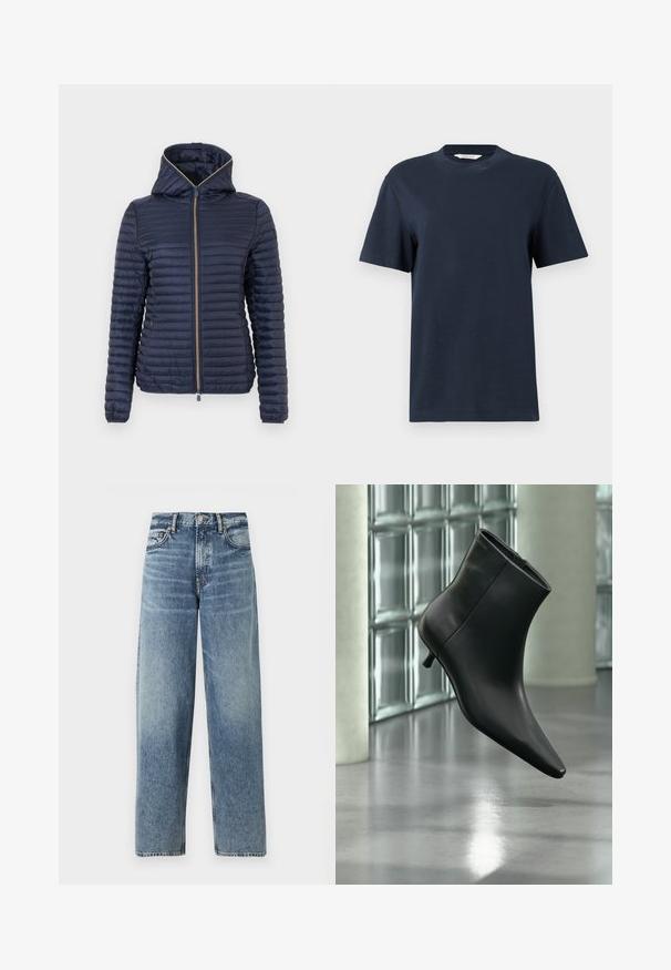 Veste matelassée bleu marine avec capuche, fermeture éclair complète à l'avant et manches longues, présentée sur un fond blanc.; T-shirt bleu marine à manches courtes en coton, avec un col rond et une coupe décontractée, présentant des détails minimalistes.; Jeans en denim bleu clair avec une coupe droite, taille haute et un léger délavage. Comprend cinq poches et une fermeture à bouton.; Bottine en cuir noir à bout pointu et petit talon kitten, présentée en angle devant un sol poli et un mur en blocs de verre.