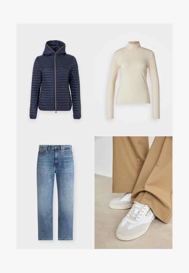 Veste matelassée bleu marine avec capuche, fermeture éclair complète à l'avant et manches longues, présentée sur un fond blanc.; Haut à col roulé à manches longues de couleur crème, fabriqué en tissu lisse et extensible ; design ajusté avec un col haut et sans motifs ni accents visibles.; Jean denim bleu clair coupe droite, cinq poches, fermeture par bouton et détails subtilement délavés sur l’avant des cuisses.; Baskets blanches avec des accents en daim, des lacets texturés et une semelle en caoutchouc. Associées à un pantalon beige ample. Logo affiché sur le côté.
