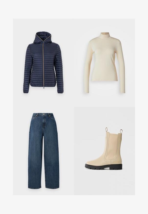 Veste matelassée bleu marine avec capuche, fermeture éclair complète à l'avant et manches longues, présentée sur un fond blanc.; Haut à col roulé à manches longues de couleur crème, fabriqué en tissu lisse et extensible ; design ajusté avec un col haut et sans motifs ni accents visibles.; Jeans en denim à jambe large dans un bleu foncé. Fabriqués en coton robuste avec une texture lisse. Présentent une fermeture à bouton et un design classique à cinq poches.; Botte Chelsea en cuir beige avec semelle à crampons noire, panneaux latéraux élastiques, languettes de tirage et un subtil logo doré sur le talon.