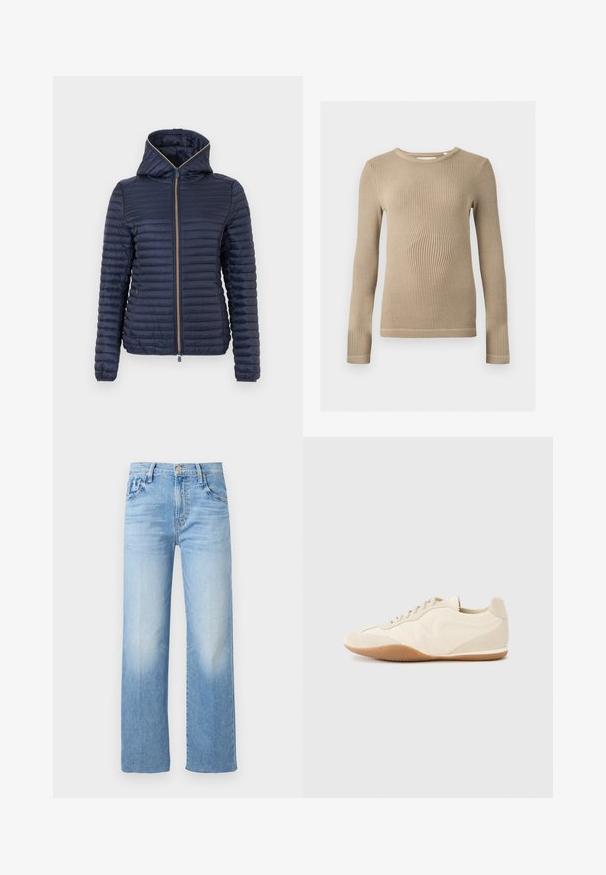 Veste matelassée bleu marine avec capuche, fermeture éclair complète à l'avant et manches longues, présentée sur un fond blanc.; Haut beige à manches longues en maille côtelée, col rond, silhouette ajustée et coutures visibles aux ourlets sur fond uni.; Jean en denim bleu clair à jambes droites avec fermeture devant par bouton et fermeture éclair, style cinq poches, et légère décoloration sur les cuisses.; Baskets beige clair avec une tige en cuir texturé, des panneaux latéraux texturés et une semelle en caoutchouc. Dotées d'un design fin et épuré ainsi que de lacets plats.