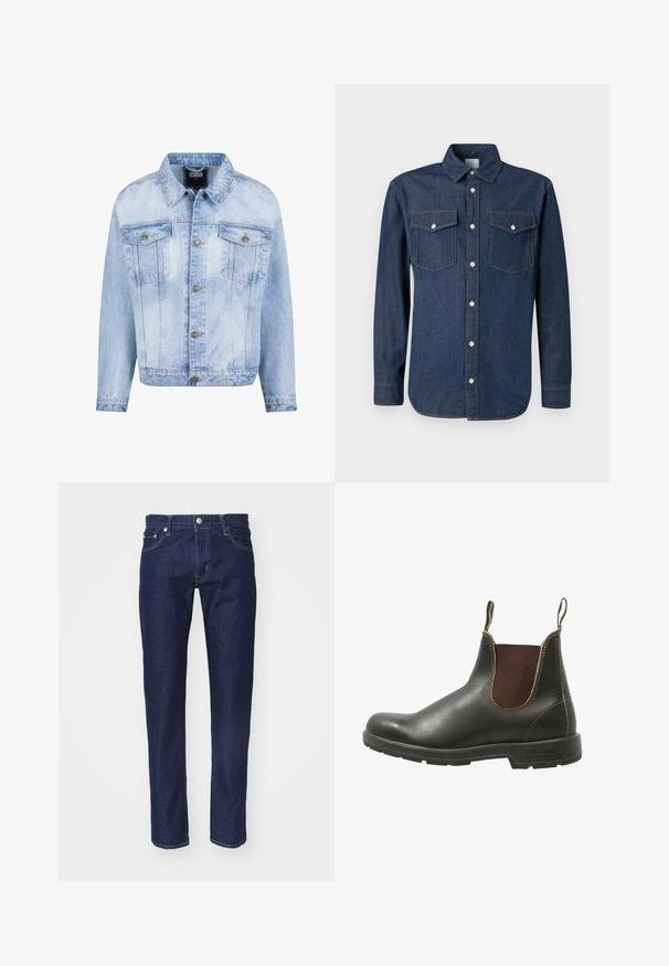 Hellblaues Jeansjacke mit durchgehender Knopfleiste, zwei Brusttaschen und langen Ärmeln. Verfügt über einen verblassten Textur und goldfarbene Metallakzente.; Dunkelblaues Jeanshemd mit klassischem Kragen, langen Ärmeln und zwei Brusttaschen. Verfügt über weiße Knöpfe und kontrastierende Nähte.; Marineblaue Denim-Jeans mit geradem Schnitt, fünf Taschen, kontrastierendem orangenem Nahtdesign und einem silbernen Knopfverschluss an der Taille.; Chelsea-Boots aus glattem schwarzem Leder mit braunen elastischen Seitenteilen, kontrastierenden Nähten und einer strukturierten Gummisohle.