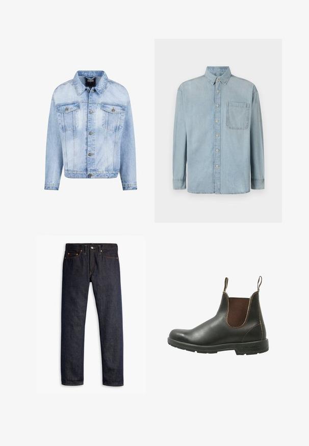 Lyseblå denimjakke med knaplukning foran, to brystlommer og lange ærmer. Har en falmet tekstur og guldfarvede metal detaljer.; Lyseblå denimskjorte med lange ærmer, knaplukning foran og en enkelt brystlomme. Har en klassisk krave og standard manchetter.; Mørkeblå denimjeans med lige pasform, fem-lomme design, kobbernitter, gul syning og et markant struktureret stof.; Chelsea støvle lavet af glat sort læder med brune elastiske sidepaneler, kontrastsyet, og en struktureret gummisål.