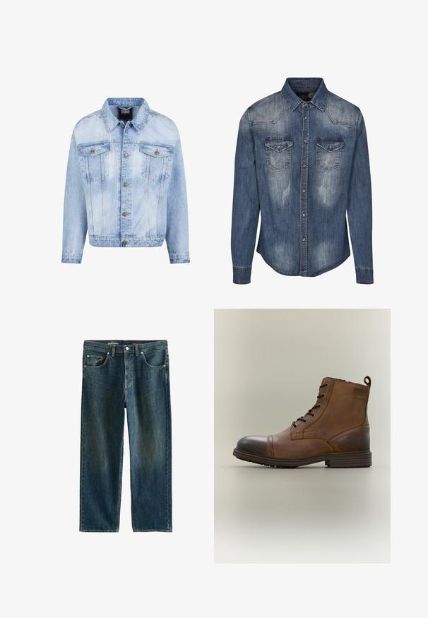 Hellblaues Jeansjacke mit durchgehender Knopfleiste, zwei Brusttaschen und langen Ärmeln. Verfügt über einen verblassten Textur und goldfarbene Metallakzente.; Dunkelblaue Jeanshemd mit klassischem Kragen, langen Ärmeln, zwei Brusttaschen, verblasster Textur und knöpfbarem Vorderteil.; Dunkelblaue, weite Jeans mit geradem Bein, vorderen Taschen, Gürtelschlaufen und Knopfverschluss, flach auf einem weißen Hintergrund liegend.; Brauner Leder-Schnürstiefel bis zum Knöchel mit schwarzer Zehenkappe, runder Sohle und Markenlabel an der Seite vor schlichtem Hintergrund.