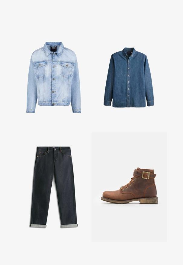Lyseblå denimjakke med knaplukning foran, to brystlommer og lange ærmer. Har en falmet tekstur og guldfarvede metal detaljer.; Denim button-up skjorte i mellemblå, med lange ærmer, spidse kraver, hvide knapper og en tætsiddende pasform med diskret logo broderi.; Mørkeblå denimjeans med opsmøgede bukseben, fem lommer og kontrastsyning, lagt fladt på en hvid baggrund.; Harley Davidson VNTGMOTO SHORT RIDING APPROVED - Cowboy- / bikerstøvlette - brown