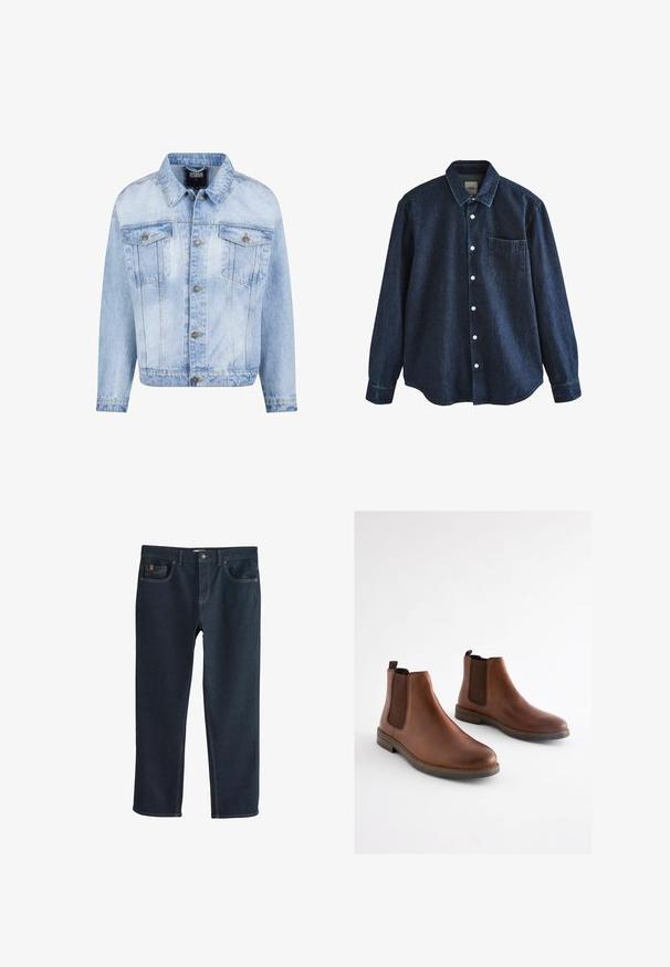 Lyseblå denimjakke med knaplukning foran, to brystlommer og lange ærmer. Har en falmet tekstur og guldfarvede metal detaljer.; Mørkeblå denim skjorte med lange ærmer, knapper foran, krave og en enkelt brystlomme, vist mod hvid baggrund.; Mørkeblå denimjeans med lige ben, der har forlommer og diskrete syningsdetaljer. Glat tekstur, klassisk stil.; Brune læderankelstøvler med elastiske sidestykker, rundet tå og en lagdelt hæl. Glat tekstur med kontrasterende brune accenter.