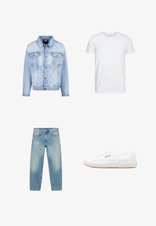Lyseblå denimjakke med knaplukning foran, to brystlommer og lange ærmer. Har en falmet tekstur og guldfarvede metal detaljer.; Rundhals kortærmet t-shirt i ensfarvet hvid, lavet af blød bomuld, har et simpelt design uden synlige mønstre eller detaljer.; Blå straight-leg denim jeans med forlommer og bæltestropper, der viser let falmede detaljer på lår og knæ.; Hvide kanvas sneakers med gummisål, snørebåndsdesign og et lille logo mærke på siden. Tekstureret hvid overdel og brun ydersål.