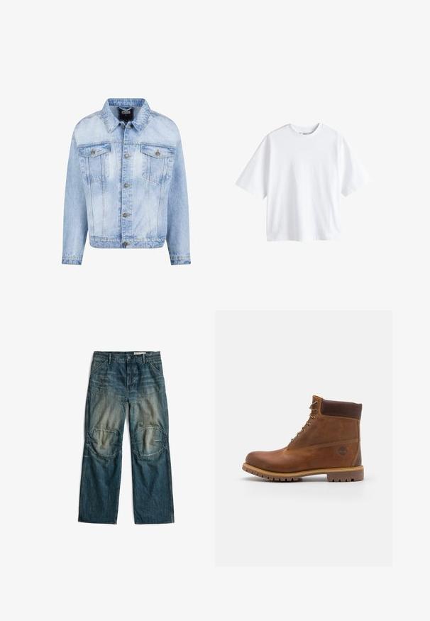 Hellblaues Jeansjacke mit durchgehender Knopfleiste, zwei Brusttaschen und langen Ärmeln. Verfügt über einen verblassten Textur und goldfarbene Metallakzente.; Next BOXY FIT - HEAVYWEIGHT T-SHIRT . - T-Shirt basic - white; Blaue Jeanshose mit verstärkten Knie-Einsatzstücken und Vordertaschen, flach auf weißem Hintergrund präsentiert.; Braune Lederwanderschuhe mit glatter Oberfläche, gepolstertem Knöchel, Metallösen und einer Gummisohle mit robustem Profil.