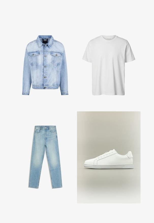 Hellblaues Jeansjacke mit durchgehender Knopfleiste, zwei Brusttaschen und langen Ärmeln. Verfügt über einen verblassten Textur und goldfarbene Metallakzente.; Schlichtes weißes T-Shirt mit kurzen Ärmeln und Rundhalsausschnitt, lässiger Passform und ohne sichtbare Logos oder Designs auf der Vorderseite.; Hellblaue Jeans mit hoher Taille und geradem Bein, mit Taschen vorne und hinten sowie Knopfverschluss vor weißem Hintergrund.; Weißer Sneaker mit niedrigem Schaft, Schnürung vorne und strukturierter Gummisohle vor einfachem neutralem Hintergrund.