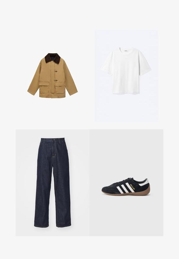 Chaqueta de algodón color beige con un cuello de pana marrón, dos bolsillos frontales y cierres de toggles. El diseño es holgado y ligeramente corto.; Camiseta blanca de manga corta con cuello redondo y dobladillo recto, con etiqueta de la marca "WEEKDAY" dentro del escote.; Jeans de mezclilla oscuros de pierna recta con lazos para cinturón, botón delantero y bolsillos laterales sobre un fondo blanco.; Zapatilla de ante negra con tres rayas blancas, suela de goma y un pequeño logo dorado en el lateral. Cuenta con un forro interior negro liso.