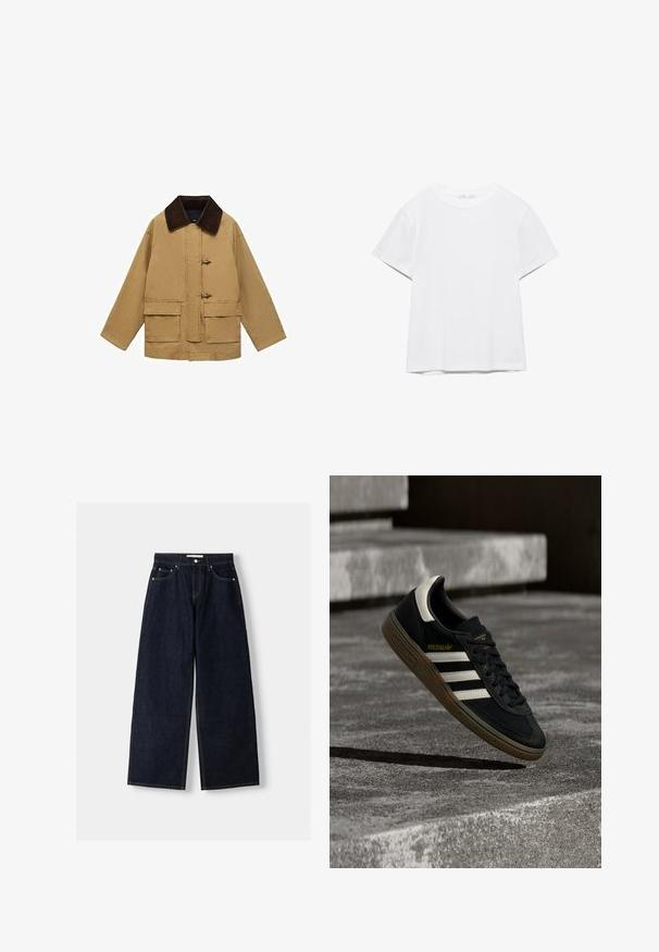 Veste en coton beige avec un col en velours côtelé marron, deux poches avant et des fermetures à cordon. Le design est ample et légèrement cropped.; T-shirt blanc uni à manches courtes et col rond, avec un ourlet droit, présenté sur un fond blanc.; Jean large en denim bleu foncé à taille haute, avec cinq poches, des coutures contrastées et des éléments en métal argenté. Texture lisse et finition soignée.; Baskets Adidas noires avec des bandes blanches et une semelle en gomme flottant au-dessus d'escaliers en béton gris sous une lumière naturelle.
