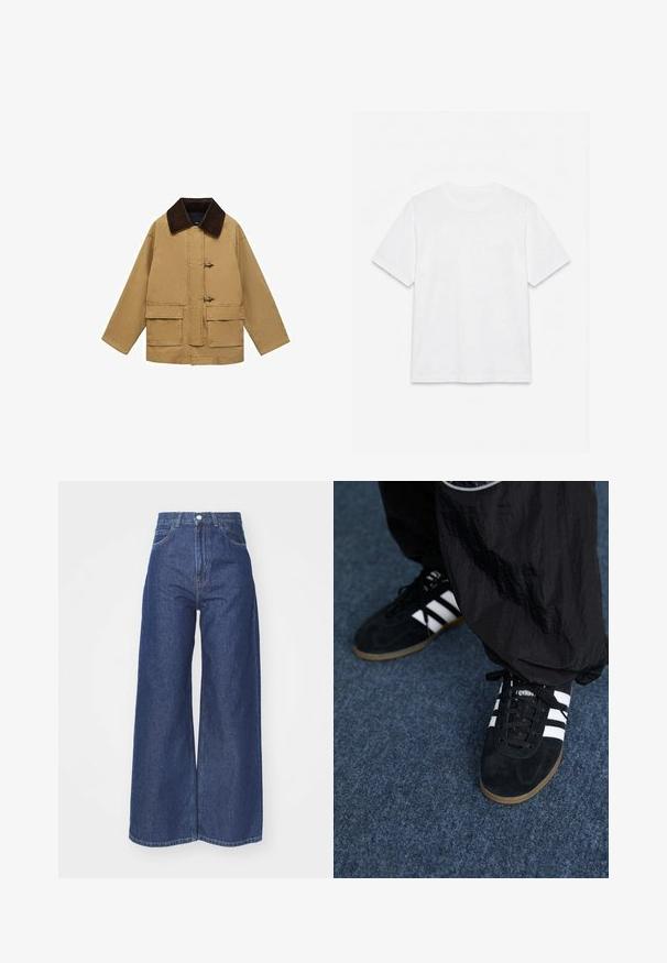 Chaqueta de algodón color beige con un cuello de pana marrón, dos bolsillos frontales y cierres de toggles. El diseño es holgado y ligeramente corto.; Camiseta blanca lisa de manga corta con cuello redondo, colocada plana sobre un fondo blanco.; Jeans de pierna ancha hechos de denim azul oscuro. Diseño de altura alta con cremallera y cierre de botón. Cuenta con el estilo clásico de cinco bolsillos y bordes rematados.; Zapatillas deportivas de ante negro con tres rayas blancas y cordones negros. Un pantalón negro texturizado es parcialmente visible al lado de las zapatillas.