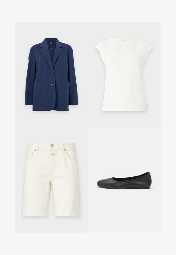 Blazer navy en tissu léger, avec un col cranté, deux grandes poches avant et une fermeture à deux boutons. Texture lisse avec un subtil éclat.; T-shirt blanc à manches courtes en coton doux. Présente un col rond et une coupe décontractée. Étiquettes attachées à l'arrière.; CLOSED JINNIE - Short - white; Ballerines en cuir noir avec un bout rond, texture lisse, détails de couture minimalistes et design de semelle flexible.