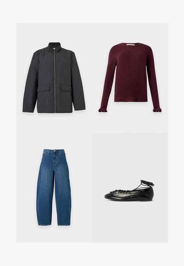 Veste matelassée gris foncé avec un col montant, une fermeture éclair frontale et deux poches à rabat. Présente un motif texturé sur tout le tissu.; Pull en tricot bordeaux à manches longues avec des poignets volants et un col rond sur un fond uni.; Jean en denim de teinte bleu moyen, présentant une taille haute, une coupe large et un design standard à cinq poches avec des détails de coutures visibles.; Ballerines en cuir verni noir avec un bout rond, un design à lacets et une semelle plate. Texture lisse avec peu de détails.