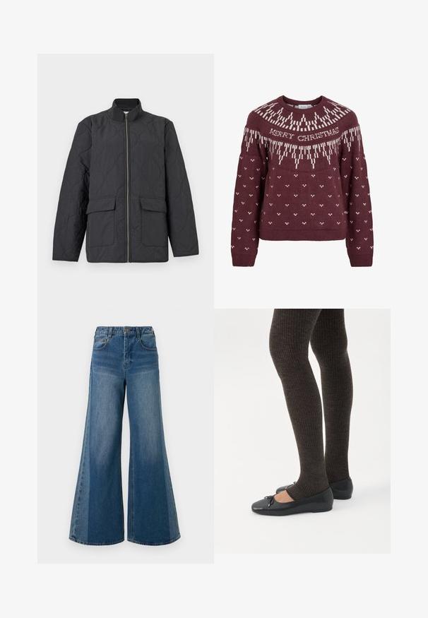 Veste matelassée gris foncé avec un col montant, une fermeture éclair frontale et deux poches à rabat. Présente un motif texturé sur tout le tissu.; Pull bordeaux à encolure ronde avec le texte blanc "MERRY CHRISTMAS" et un motif de flocon de neige tricoté sur le yoke et le corps.; Jean en denim à larges jambes dans un lavage bleu foncé, avec taille haute, cinq poches et fermeture à bouton classique. Texture lisse avec un minimum de décoloration.; Jambes portant des leggings côtelés foncés associés à des ballerines noires avec de petits détails en nœud sur fond blanc.