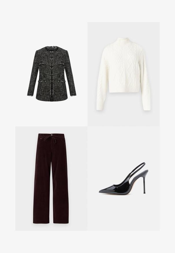 Sorte og hvide tweedjakke med en struktureret finish, rå kanter, rund halsudskæring og to forlommer. Skræddersyet pasform, lange ærmer.; Afkortet hvid kabelstrikket sweater med en høj ribstrikket hals. Inkluderer forskellige teksturerede mønstre og ribstrikkede manchetter ved ærmer og kant.; Mørkeburgunder corduroy-bukser med en løs pasform, der har bånd i taljen og forlommer. Teksturen er ribbet, og stoffet ser blødt ud.; Sort slingback-pumpe i laklæder med spids tå, slank høj hæl og et buet udskæringsdesign på siden. Glat, skinnende finish.