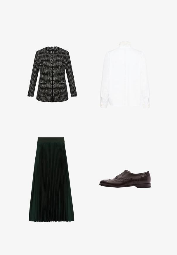 Schwarz-weißes Tweed-Jacket mit strukturiertem Finish, ausgefransten Kanten, runder Halslinie und zwei vorderen Taschen. Taillierter Schnitt, lange Ärmel.; Weiße Bluse mit langen Ärmeln, Spitzenhochkragen und Spitzenmanschetten, mit einer vertikalen Spitzenborte entlang der Rückseite in der Mitte.; Dunkelgrüner plissierter Midirock mit breitem Bund, entworfen für eine fließende und strukturierte Passform.; Braune Leder-Hausschuhe mit Broguedetails, Schnürverschluss, runder Zehenform und niedrigem Blockabsatz. Polierte Oberfläche und filigrane Perforationen.
