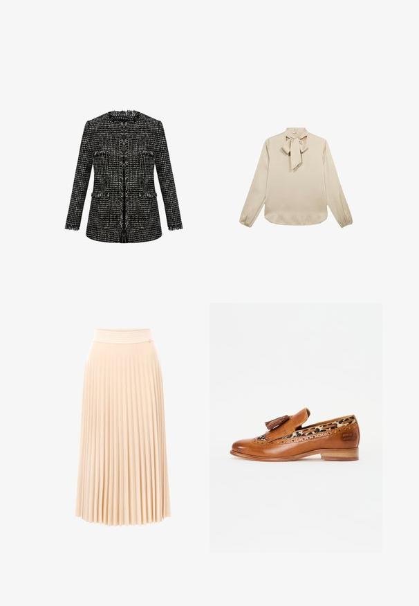 Schwarz-weißes Tweed-Jacket mit strukturiertem Finish, ausgefransten Kanten, runder Halslinie und zwei vorderen Taschen. Taillierter Schnitt, lange Ärmel.; Beige Bluse mit langen Ärmeln und einer Bindegurtschleife am Halsausschnitt, glatter Textur und gerafften Manschetten, mit einem abgerundeten Saum.; Faltenrock in Midi-Länge aus weichem Pfirsichstoff. Verfügt über einen strukturierten Taillenbund und ein fließendes Design mit vertikalen Falten. Glattes, leichtes Material.; Hellbraune Lederloafer mit dekorativen Quasten und Brogue-Verzierungen. Besitzt ein Innenfutter im Leopardenmuster und einen niedrigen Holzabsatz.