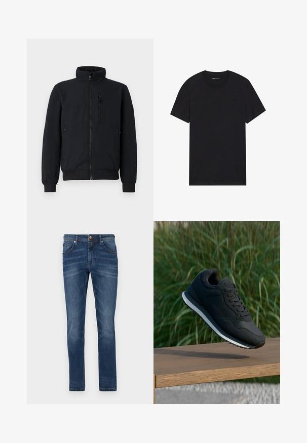 Zwarte bomberjack met een hoge kraag, ritssluiting aan de voorkant, ribgebreide manchetten en twee zijzakken. Gladde stof met een gestructureerde tailleband.; Zwarte katoenen t-shirt met korte mouwen en een ronde hals. De stof heeft een gladde textuur en een eenvoudig, effen ontwerp.; Donkerblauwe denim jeans met een rechte pijp, vijf zakken, subtiele vervaging, contrasterende stiksels en een knoopsluiting in de taille.; Zwarte sportieve schoen met een gestructureerde bovenkant, vetersluiting en contrasterende witte tussenzool; in de lucht weergegeven boven een houten oppervlak.