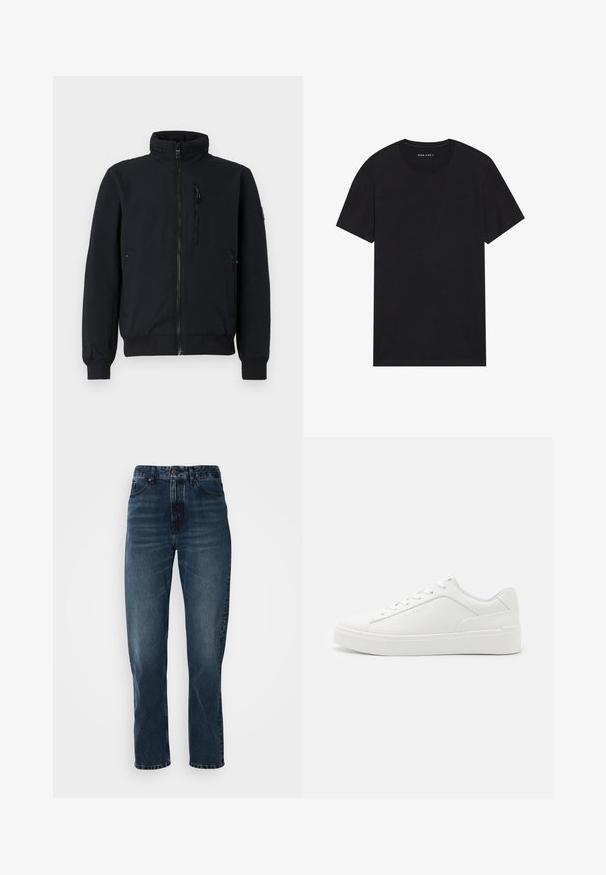 Schwarze Bomberjacke mit hohem Kragen, frontalem Reißverschluss, gerippten Bündchen und zwei Seitentaschen. Glattes Material mit elastischem Bund.; Schwarzes Baumwoll-T-Shirt mit kurzen Ärmeln und rundem Ausschnitt. Der Stoff hat eine glatte Textur und ein einfaches, schlichtes Design.; Dunkelblaue gerade Jeans mit Knopf- und Reißverschluss vorne, Fünf-Taschen-Design und subtiler Ausbleichung an Oberschenkeln und Knien.; Weiße Low-Top-Sneaker aus glattem Leder mit runder Schuhspitze, flachen Sohlen und dezentem Branding an der Seite.