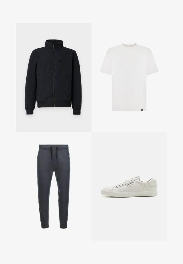 Schwarze Bomberjacke mit hohem Kragen, frontalem Reißverschluss, gerippten Bündchen und zwei Seitentaschen. Glattes Material mit elastischem Bund.; Schlichtes weißes T-Shirt mit kurzem Ärmel und Rundhalsausschnitt, unten am Saum mit kleinem schwarzem Etikett.; Dunkelgraue Sweatpants aus weichem Stoff, mit einem Kordelzugbund, zwei seitlichen Reißverschlusstaschen und Längsnähten an den Beinen.; Weiße Leder-Sneaker mit einem niedrigen Design, strukturiertem Gummisohle und dem "ALLSAINTS"-Logo an der Seite. Standard Schnürverschluss.