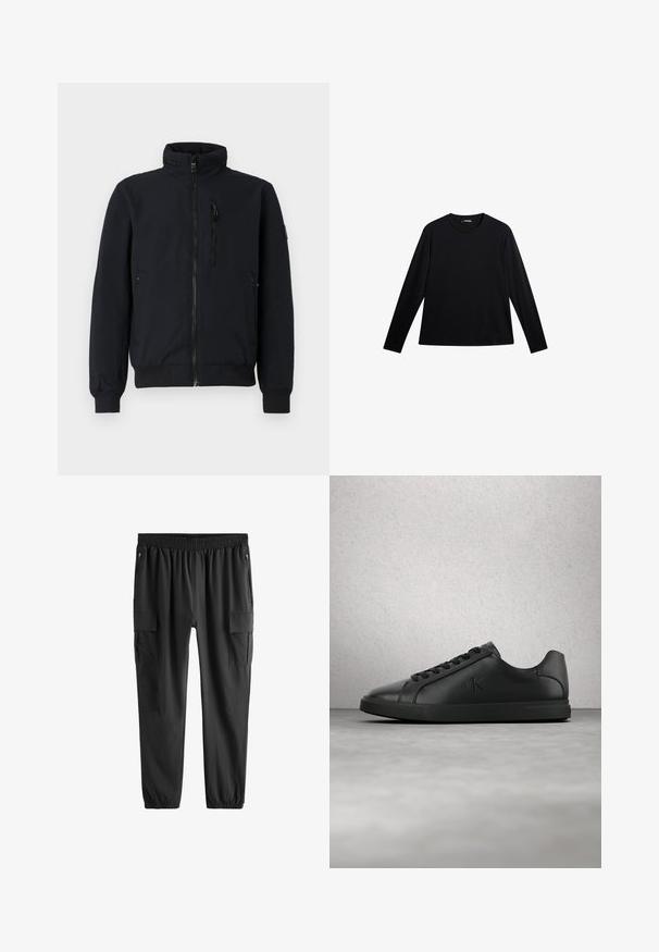 Schwarze Bomberjacke mit hohem Kragen, frontalem Reißverschluss, gerippten Bündchen und zwei Seitentaschen. Glattes Material mit elastischem Bund.; Schwarzes Langarm-T-Shirt aus glattem Stoff, mit Rundhalsausschnitt und einem dezenten Logo auf der Vorderseite, in lockerer Passform.; Schwarze Cargo-Hose mit elastischem Bund und Bündchen, vorne mit Reißverschlusstaschen und Klappentaschen an den Oberschenkeln.; Schwarzer Ledersneaker mit Schnürsenkeln und geprägt eingestelltem "ck"-Logo, der über einem grauen Boden nahe einer Glasblockwand schwebt.