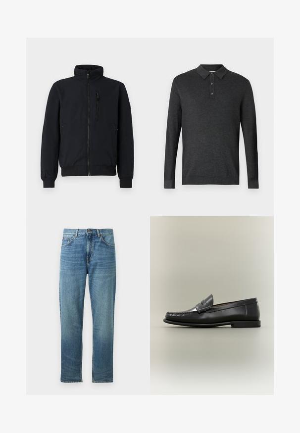 Schwarze Bomberjacke mit hohem Kragen, frontalem Reißverschluss, gerippten Bündchen und zwei Seitentaschen. Glattes Material mit elastischem Bund.; TOM TAILOR COSY - Poloshirt - black grey; Blaue Denim-Jeans mit geradem Bein, die vorne Taschen, einen Knopfverschluss und leichte Ausbleichungen für einen abgetragenen Look aufweisen.; Schwarzer Herren-Loafer aus Leder mit Mokassin-Zehennaht, Penny-Riemen und flachem Absatz vor neutralem Hintergrund.