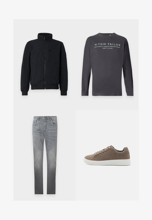 Musthave musta bomber-jakk, millel on kõrge krae, ees lukuga, soonikkoes mansetid ja kaks küljetaskut. Sile kangas tekstuurse vöökoha küljes.; TOM TAILOR PRINTED - Pikkade varrukatega topp - tarmac grey; Hallitse hallid denim teksad, millel on kulunud disain, viie taskuga stiil, nupuga kinnitamine ja sirge sääre lõige. Sile tekstuur kerge kulumisega äärtes.; Pruunid sametist tossud lame valge kummist tallaga, nöörimise disainiga, ümar nina ja siledat tekstuuri. Minimalistlik stiil koos diskreetsete õmblusdetailidega.