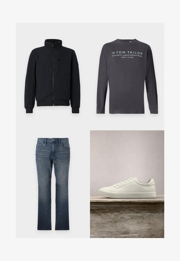Sort bomberjakke med høj krave, forlynlås foran, ribbede manchetter og to sidelommer. Glat stof med en struktureret talje.; TOM TAILOR PRINTED - Langærmet T-shirt - tarmac grey; TOM TAILOR MARVIN - Jeans Straight Leg - dark stone wash denim; Hvide snørresneakers svævende over en træbænk med grønne planter i baggrunden, der fremhæver skodesign og tekstur.