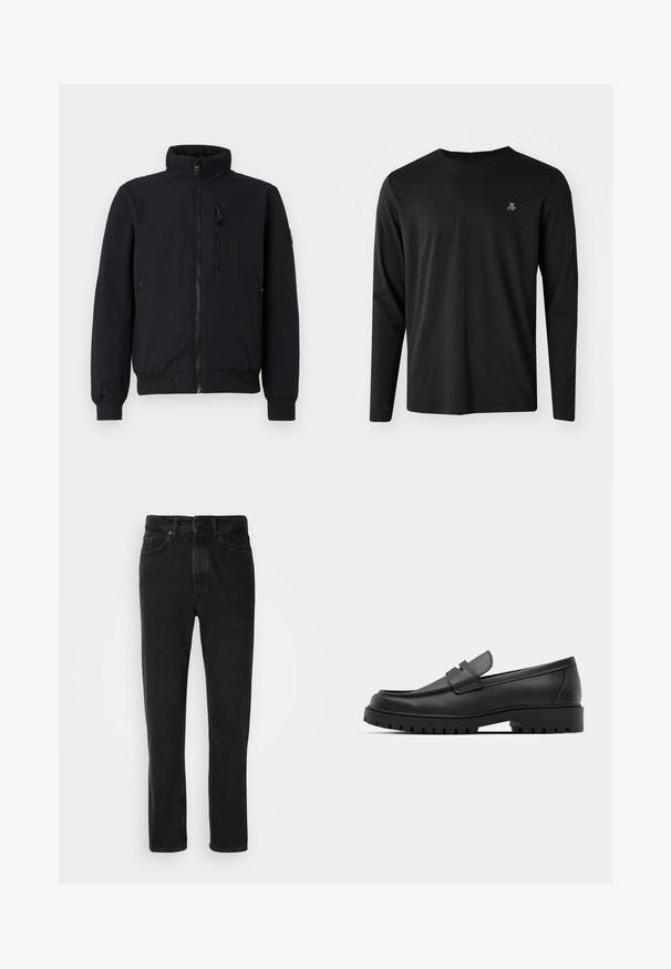 Schwarze Bomberjacke mit hohem Kragen, frontalem Reißverschluss, gerippten Bündchen und zwei Seitentaschen. Glattes Material mit elastischem Bund.; Schwarzes Longsleeve-T-Shirt aus Baumwolle mit Rundhalsausschnitt und einem kleinen weißen Logo auf der linken Brustseite. Einfaches Design.; Schwarze Denim-Jeans mit geradem Beinschnitt, ausgestattet mit einem Knopf- und Reißverschluss, Fronttaschen und subtiler Textur.; Schwarze Lederloafer mit runder Zehenform, ausgestattet mit einem gesteppten Design, niedrigem Plattformsohle und einer strukturierten, genoppten Gummisohle.