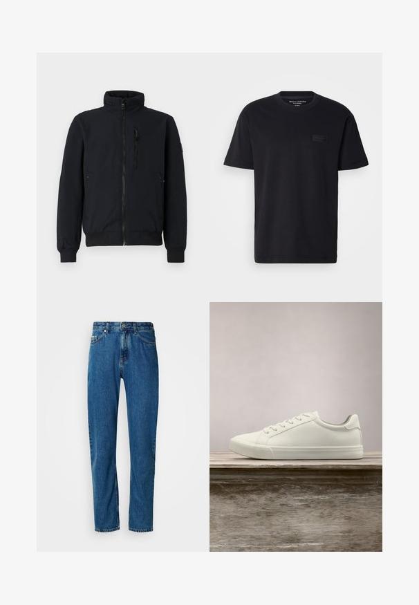 Musthave musta bomber-jakk, millel on kõrge krae, ees lukuga, soonikkoes mansetid ja kaks küljetaskut. Sile kangas tekstuurse vöökoha küljes.; Must tume must-sleeve t-särk mustast puuvillast, ümar kaelusega ja tekstuuriga must logo lapiga rinnal. Sile, kerge kangas.; Sinised sirged denim püksid viie tasku ja ees oleva nupu sulgemisega valgel taustal.; Valged nööpidega ketsid, mis hõljuvad puidust pingil rohelise lehestiku taustal, näidates uue disaini ja tekstuuri.