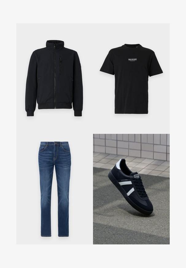 Zwarte bomberjack met een hoge kraag, ritssluiting aan de voorkant, ribgebreide manchetten en twee zijzakken. Gladde stof met een gestructureerde tailleband.; Zwart katoenen t-shirt met ronde hals, korte mouwen en een klein wit bedrukte logo op de linkerborst. Eenvoudige snit, geen extra patronen.; Donkerblauwe denim jeans met een klassieke rechte pasvorm, vijfzakkenontwerp en lichte vervaging details op de benen. Voorzien van een knoop- en ritssluiting.; Zwarte leren sneaker met witte strepen, een gestructureerde rubberen zool en vetersluiting aan de voorkant. Voorzien van een merklabel op de tong.