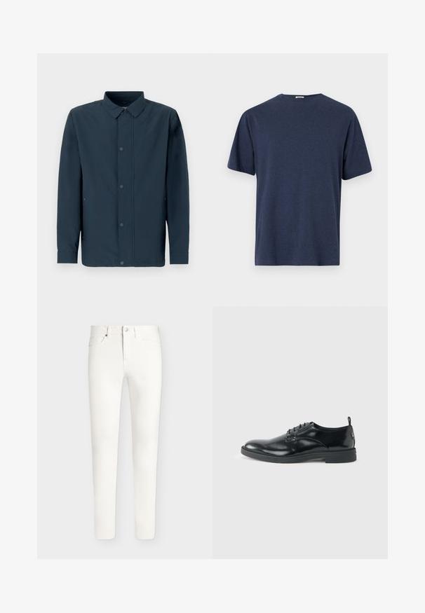 Chemise à manches longues bleu foncé en tissu texturé, avec fermeture boutonnée sur le devant, col classique et poches latérales, sur un fond uni.; T-shirt bleu marine à manches courtes en tissu doux, avec un col rond et une coupe droite décontractée. Sans motifs ni accents visibles.; Jean slim blanc avec poches avant et arrière, fermeture par boutons et passants de ceinture, présenté sur un fond uni.; Chaussure habillée en cuir noir brillant avec un petit talon, fermeture à lacets et bout rond, vue de côté sur un fond uni et clair.