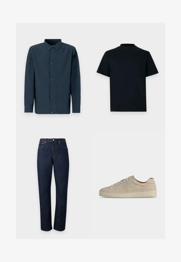 Chemise à manches longues bleu foncé en tissu texturé, avec fermeture boutonnée sur le devant, col classique et poches latérales, sur un fond uni.; T-shirt à manches courtes en noir uni avec un col montant. Fabriqué en tissu lisse, il présente un design minimaliste et un branding discret sur la poitrine.; Jean en denim bleu foncé à jambes droites avec cinq poches, fermeture à boutons à l'avant, et surpiqûres contrastantes sur un fond uni.; Baskets basses beiges en daim avec fermeture lacée et semelle épaisse en caoutchouc, vues de profil sur fond blanc uni.