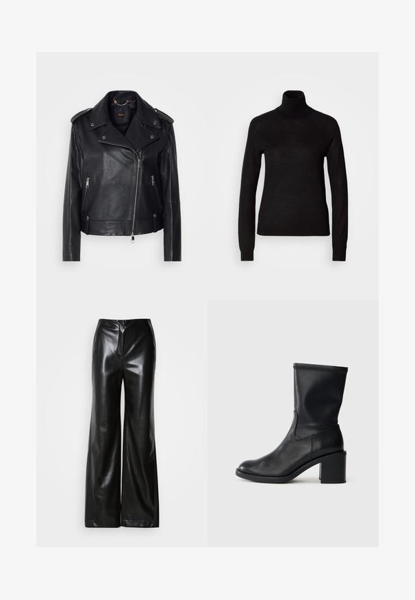 Veste de biker en cuir noir au fini texturé, zip asymétrique, col à revers et garnitures en métal argenté. Dispose de deux poches latérales.; Pull à col roulé noir en tissu tricot léger. Avec des manches longues et une silhouette ajustée dotée de coutures raglan.; Pantalons larges en cuir noir avec une texture lisse, taille haute et fermeture éclair frontale dissimulée. Coupe ajustée avec une finition soignée.; Botte en cuir noir à cheville avec un bout rond, texture lisse et un talon épais, présentant un tige ajustée et un subtil détail de couture.